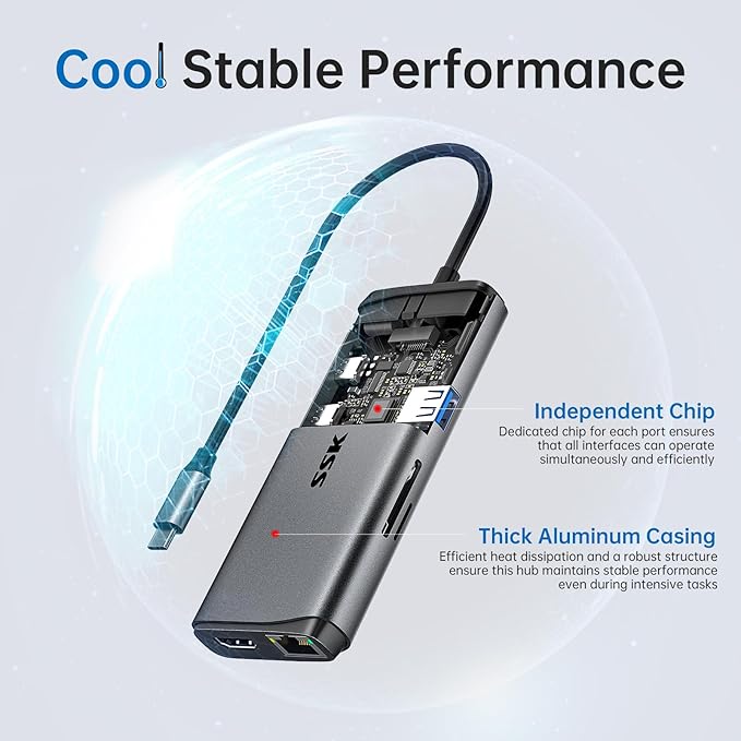 SSK USB C Hub for Laptop, 10Gbps USB-C Dock with Ethernet, HDMI 4K 60Hz, 10 in 1 MacBook Docking Station Multiport Adapter for Laptops/Devices with HDMI, USB3.2, SD/TF, 100W PD, 3.5 mm Headphone