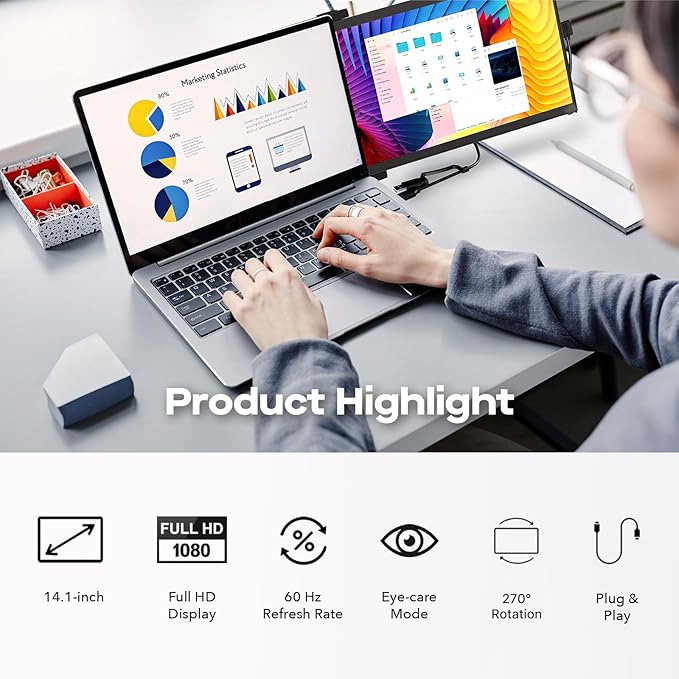 Mobile Pixels Duex Max DS 14.1'' Laptop Monitor Extender, Full HD FHD 1080P Portable Monitors,USB Type-C/HDMI Port for 14-17 '' Laptop, Compatible with Windows/Mac/Android/Switch(Dual Monitor)