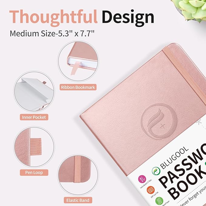 Password Book with Alphabetical Tabs, Password Keeper Book for Seniors, Hardcover Password Notebook for Individual & Colorful Tabs, Password Organizer for Website Logins, 5.3" x 7.7", Rose Gold