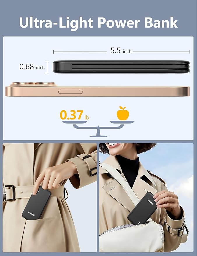 Alongza Portable Charger Built-in Cables and AC Wall Plug, Slim Fast Charging Power Bank 10000mAh, Lightweight USB C External Battery Pack Compact Travel Cell Phone Charger