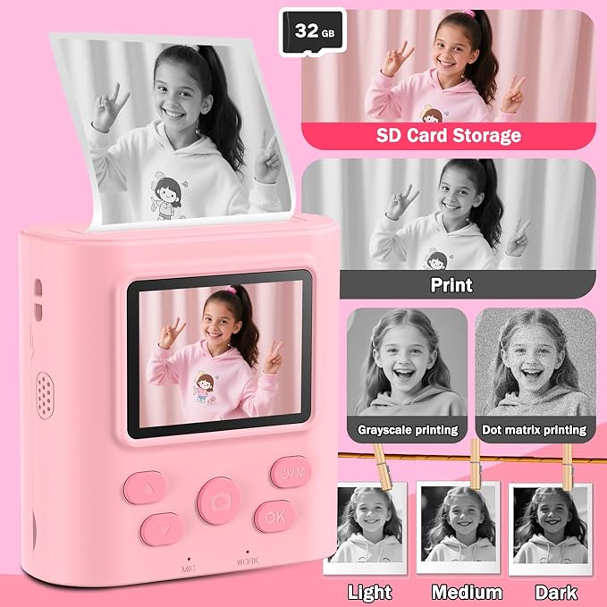 Zicor Kids Camera Instant Print for 3-12 Year Olds, HD Digital Instant Print Camera for Boys & Girls, Ideal Christmas Birthday Gift with 32GB SD Card, Easy to Use - Pink