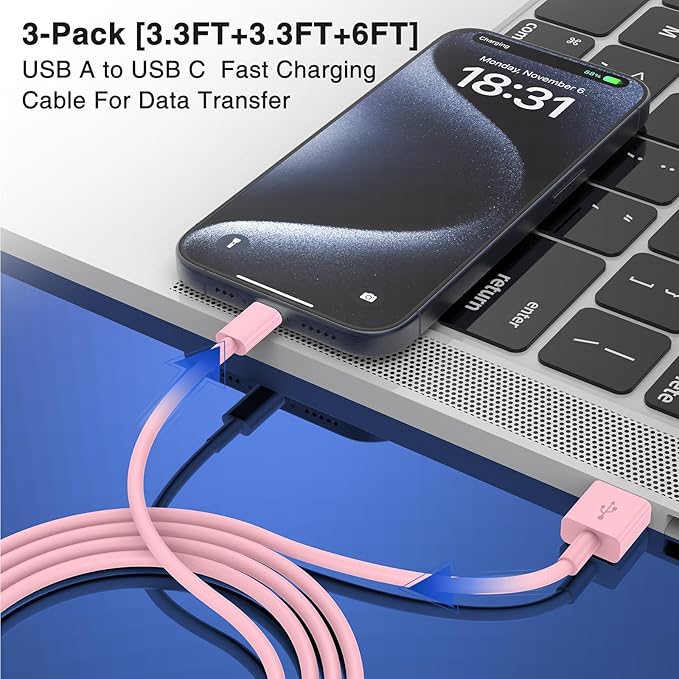 3-Pack Pink [3.3FT+3.3FT+6FT] USB A to USB C Cable，USB to USB C Car Carplay Cable for iPhone 16 15 Pro Plus Pro Max，for iPad Pro/Air/Mini，for Samsung S24/S23/S22，for MacBook Pro/Air and More
