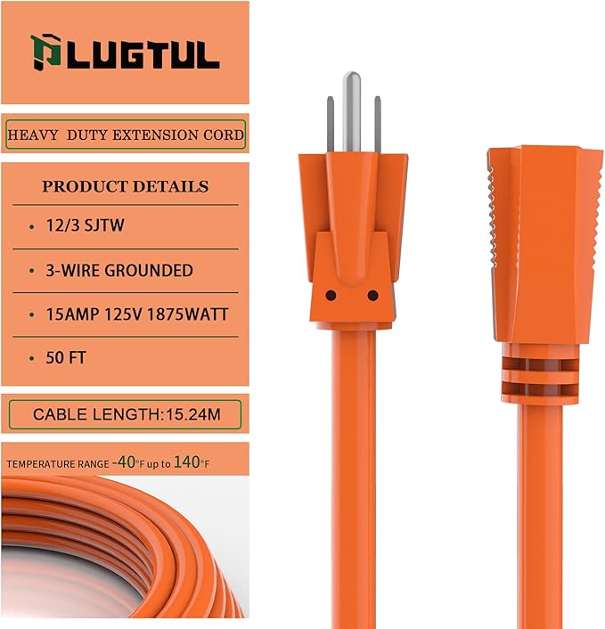 PLUGTUL 50 FT 12/3 Outdoor Extension Cord Waterproof, Heavy Duty 12 Gauge SJTW Extension Cord, 15A 1875W, ETL Listed, Great for Garden and Home, Orange