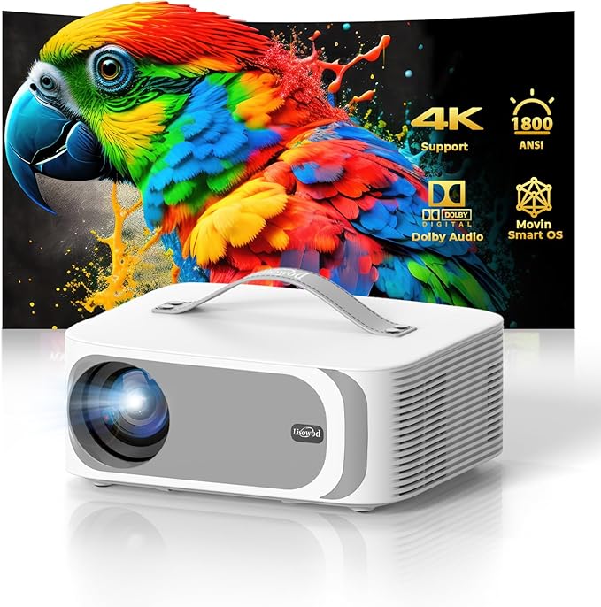 [Official-Apps/AI Movin 2.0 OS/1800 ANSI] Portable-Projector-4k with WiFi and Bluetooth, 35W DoIby Audio, AI Auto Focus with HDR10+, Lisowod 4k Support Outdoor Smart Proyector Compatible with Netflix