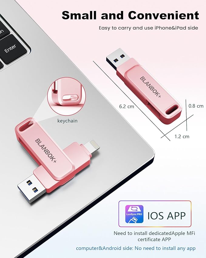 MFi Certified 512GB Flash Drive for iPhone Photo Stick, USB Memory Stick iPhone Flash Drive for Photos Videos, High Speed External Storage USB Stick Thumb Drive for iPhone/iPad/Android/PC(Rose Pink)