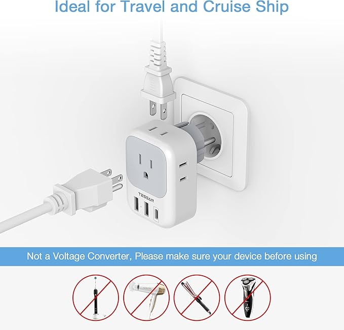 TESSAN 2 Pack Type E F Plug Adapter USB C, Germany France Power Adaptor with 3 USB Charger Ports, 4 AC Outlets Travel Plug for US to Europe EU Spain Iceland Korea Greece Russia German French