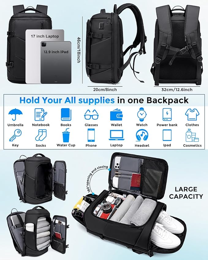 30L Travel Backpack for Men, Flight Approved Carry on Backpack Fits 17 inch Laptop, Water-resistant Large Luggage Weekender Bag Daypack for Traveling, Sports, Business, Black