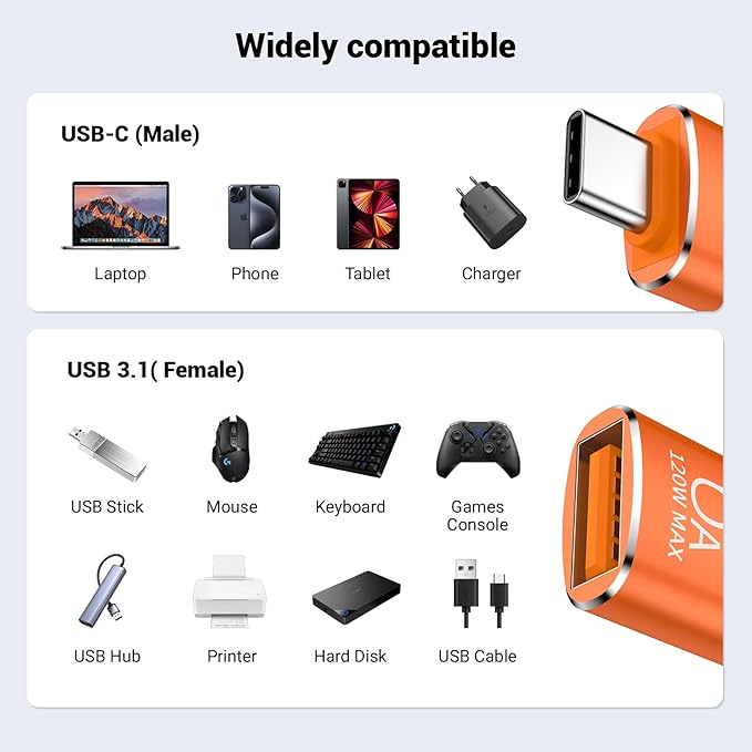 8 Pack 10Gbps/120W Type C Male to USB Female OTG Adapter, Orange USB C to USB3.1 Adapter for Smartphone, PC, Laptop, Tablet, Keyboard etc.