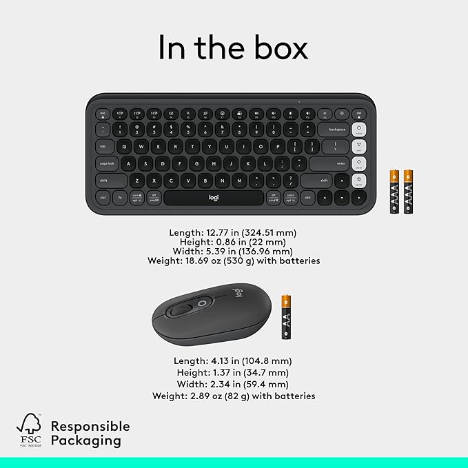 Logitech POP ICON Combo, Bluetooth Keyboard and Mouse Combo, Comfortable Typing, programmable Keys and Buttons, Quiet clicks, Easy-Switch up to 3 Devices - Graphite and Off-White
