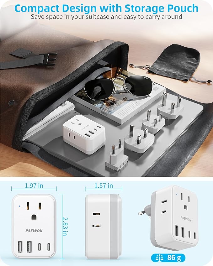 International Travel Adapter Set, US to UK/EU/South Africa/India Universal Power Adapter- 4 AC Outlets 4 USB Ports (2 USB C), Travel Plug Adapter Kit Include Type G/C/M/D Detachable Plug