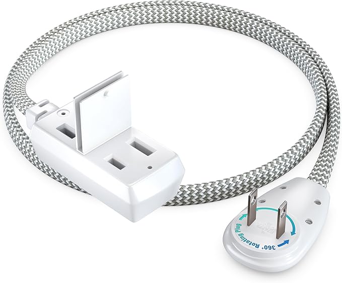 Maximm 1 Ft Extension Cord, 2 Prong, 360° Rotating Flat Plug, UL Certified, Light Gray – Space-Saving Indoor Power Cord for Tight Spaces, Polarized, Braided