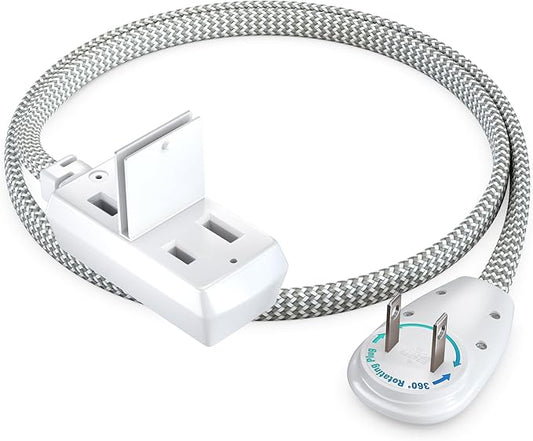Maximm 1 Ft Extension Cord, 2 Prong, 360° Rotating Flat Plug, UL Certified, Light Gray – Space-Saving Indoor Power Cord for Tight Spaces, Polarized, Braided
