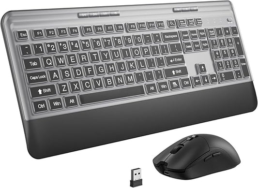 Silent Wireless Keyboard and Mouse Combo - Keyboard with Large Print Cover, 2.4GHz Full-Sized Ergonomic Keyboard with Wrist Rest and Mouse for Laptop, PC, Notebook, Desktop