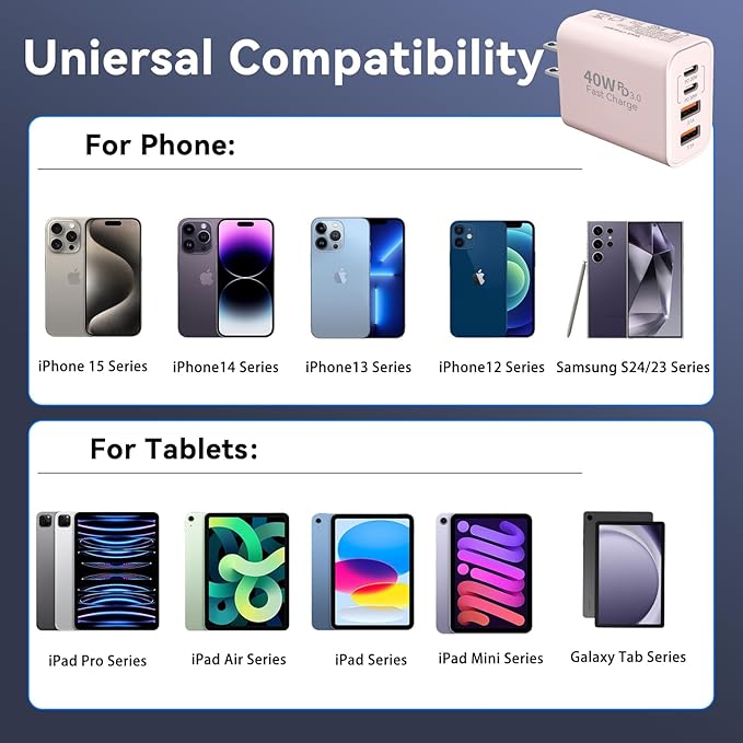 USB C Wall Fast Charger Block, 40W 4-Port Type C Chargers Fast Charging Blocks PD Power Charger Adapter+QC 3.0 USB Multiport Charger Brick for Phone 17/16/15/14/13/12 Pro Max, i-Pad, Galaxy S25-2Pack