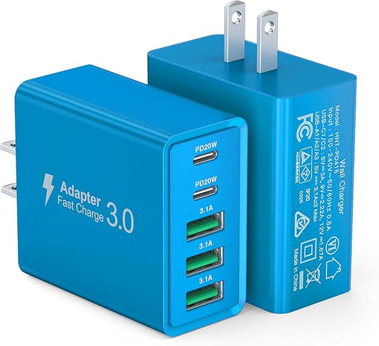 [2-Pack] USB C Wall Charger, 50W USB C Charger Block 5-Port PD Fast Charging Blocks,2USB C+3USB A Multiport Plug,Type C Power Adapter Brick Cube for iPhone17/16/15/14/Pro,iPad,Samsung,for Switch（Blue）