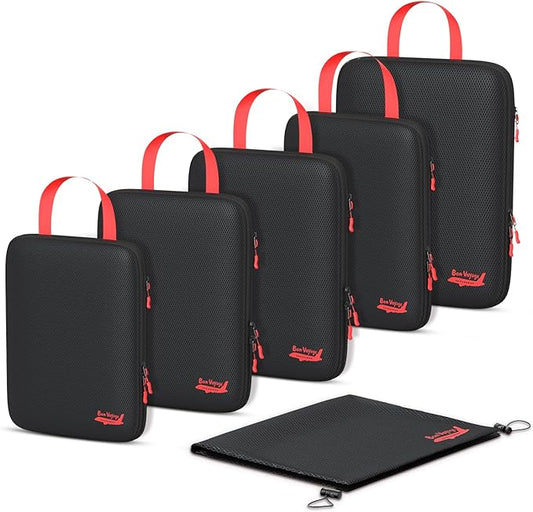 6 Set Compression Packing Cubes for Travel, 3 Sizes (5+1) for Carry-On Travel, Waterproof Compression Packing Cubes Set with Laundry Bag & Luggage Organizer (Black)