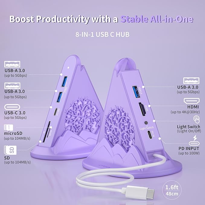 8-in-1 USB C Hub, Purple RGB Docking Station with 4K HDMI, 100W PD, 5Gbps USB 3.0, SD/TF Card Reader, Type C Adapter for MacBook Air, Dell XPS, Surface, etc.