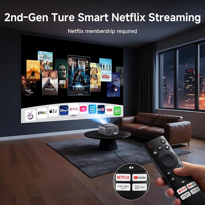 [1500 ANSI/Auto Focus/Built-in APPS] Smart Projector 4K with WiFi 6 and Bluetooth 5.3, 6D Keystone Outdoor Movie Projector with Netflix& 36W Dolby Audio Plus HDR10+ Home Theater Ceiling