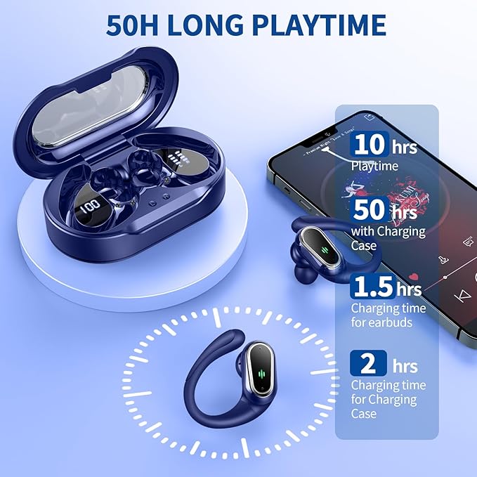 Wireless Earbuds, 2025 Bluetooth 5.4 Headphones Sport, 50Hrs HiFi Stereo Deep Bass Over-Ear buds with ENC Noise Cancelling Mic, IP7 Waterproof & LED Display Earphones with Earhooks for Workout/Running