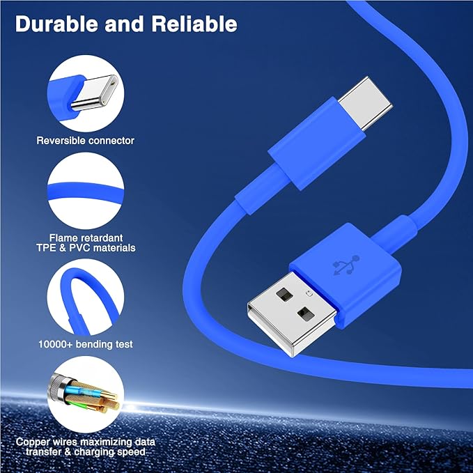 3-Pack Blue [3.3FT+3.3FT+6FT] USB A to USB C Cable，USB to USB C Car Carplay Cable for iPhone 16 15 Pro Plus Pro Max，for iPad Pro/Air/Mini，for Samsung S24/S23/S22，for MacBook Pro/Air and More