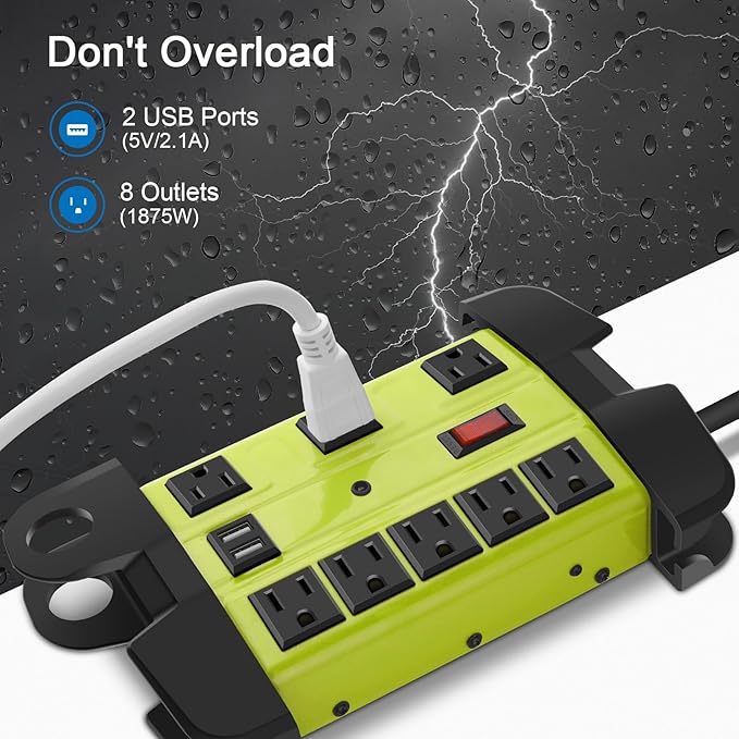 Heavy Duty Power Strip with USB, Workshop 8 Outlet Surge Protector 2700 Joules, Green Industrial Metal 15Amp Power Strip, 6 FT Extension Cord and Wide Spaced.