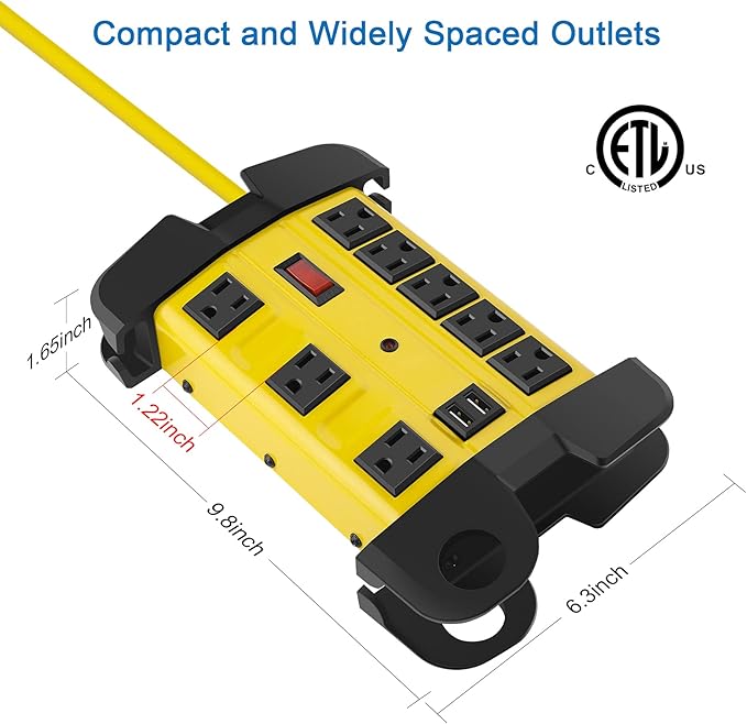 Heavy Duty Power Strip with USB, Workshop 8 Outlet Surge Protector 2700 Joules, Industrial Metal 15Amp Power Strip, 6FT Extension Cord and Wide Spaced. Yellow