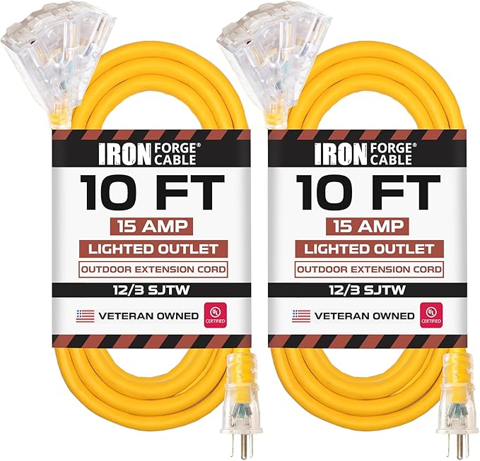Iron Forge Cable 2 Pack 10 Foot Lighted Outdoor Extension Cord with 3 Outlets - 12/3 SJTW Heavy Duty Yellow Extension Cable 3 Prong - Multiple Outlets