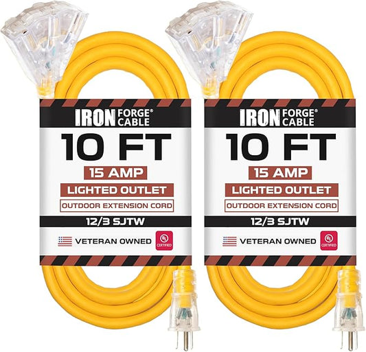 Iron Forge Cable 2 Pack 10 Foot Lighted Outdoor Extension Cord with 3 Outlets - 12/3 SJTW Heavy Duty Yellow Extension Cable 3 Prong - Multiple Outlets