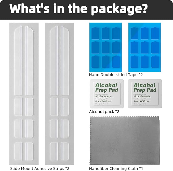 Privacy Screen Adhesive Strips and Slide Mount Tabs for Laptop Computer Monitor, Privacy Screen Slide Mount Tabs *2, Privacy Screen Adhesive Strips *2, 1pcs Microfiber Cloth, 2pcs Screen Cleaning Kit