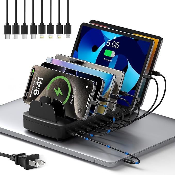 260W Cell Phone Charging Station for Multiple Devices, 10-Port USB C Fast Charger Hub for MacBook, iPhone, Android, iPad, Tablet, Kindle, Family Multi-Device Organizer Charging Dock, White (Black)