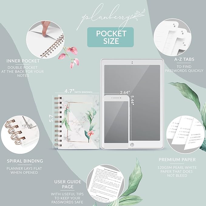 PLANBERRY Password Book Premium – Small Internet Address Organizer with A-Z Tabs – Pocket Website Password Keeper with Alphabetical Tabs – 4.7x5.7″, Hardcover (Natural Green)