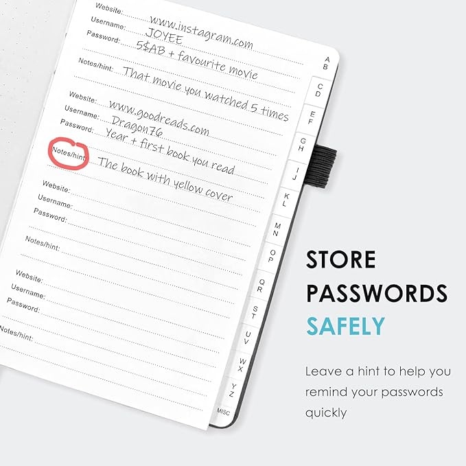 Elegant Password Book with Alphabetical Tabs - Hardcover Password Book for Internet Website Address Login - 7" x 10" Password Keeper and Organizer w/Notes Section & Back Pocket (Black)