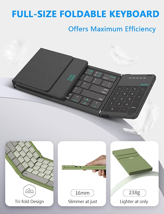 Nillkin Foldable Keyboard with Touchpad, Bluetooth Keyboard with Number Pad, Full Size Keys, Large Trackpad Small Travel Portable Keyboards for iPad Laptop PC Tablets - Green