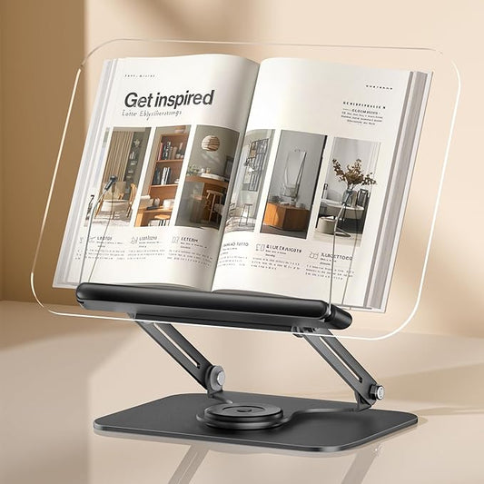 ASIEIT Book Stand for Reading, Acrylic Adjustable Book Holder with 360° Rotating Bases & Elastic Page Clips, Foldable Multifunctional Display Stand for Bible, Laptop, Recipe, Tablets, Textbook
