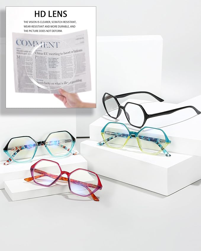 EYEURL Reading Glasses for Women 4-Pack Blue Light Blocking Reading Glasses Vintage Design Diamond-Shaped Frame Spring Hinge Readers Anti Glare Filter Lightweight Eyeglasses,2.25