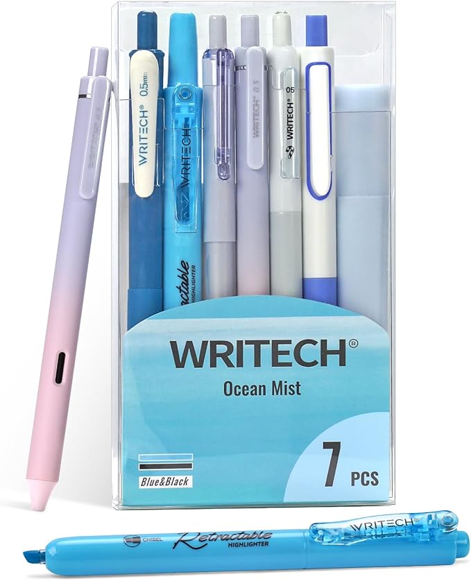 WRITECH Gel Pens Journaling Highlighters: Journal Set Aesthetic Assorted Pastel Color Ink 0.5mm Fine Point Retractable 0.7mm Black Pen Smooth Writing Drawing No Bleed 7ct (Blue)