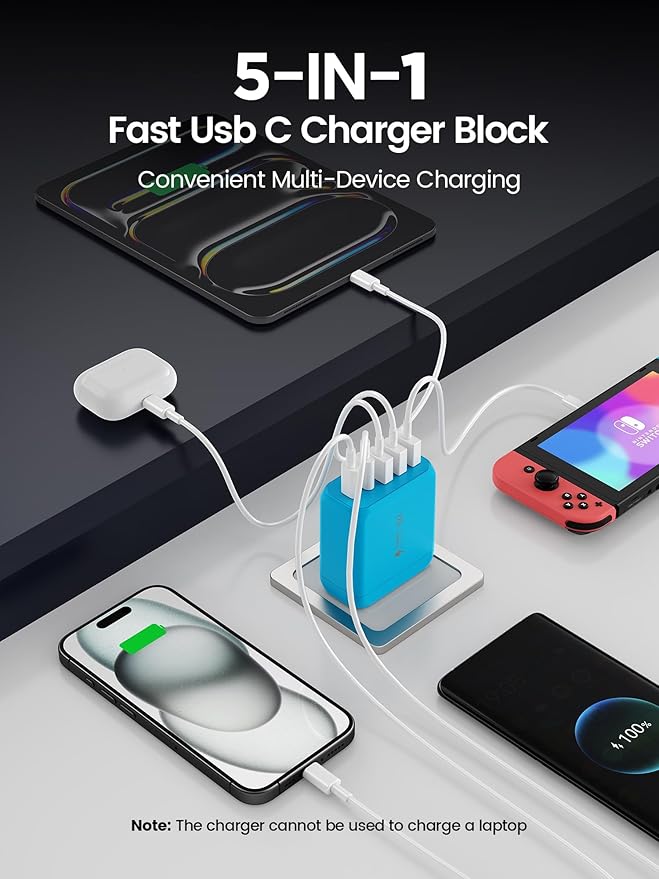 USB C Charger Block, [2-Pack] Type C Charger Fast Charging,50W 5-Port USB Wall Charger Multiport Type C Charging Block Cube for iPhone 17/16/15/14/13/12/11 Pro Max XS,iPad,Samsung&More-Blue