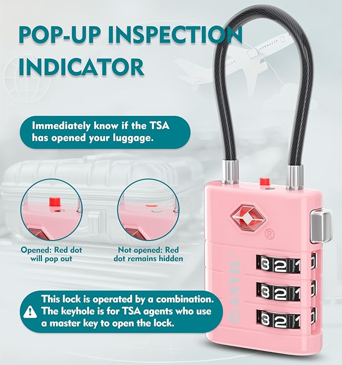 ANVIL TSA Approved Luggage Locks – High Security TSA008 Combination Travel Locks with Inspection Indicator for Suitcases and Backpacks. (3, Pink)
