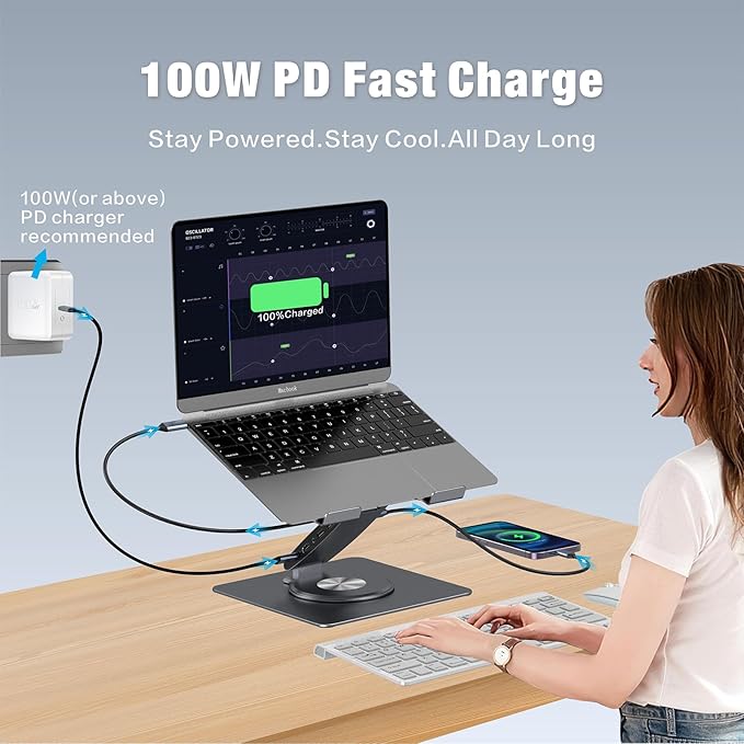 Adjustable Laptop Stand for Desk with Docking Station 11-in-1, Aluminum Laptop Riser with USB Hub 360°Swivel Dual Display 4K60Hz HDMI Gigabit Ethernet USB3.0 PD100W for MacBook Pro Air/Dell/HP 7-15.6"
