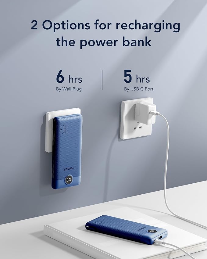 VEGER Portable Charger with Built-in AC Plug and Cables, All in One 10000mAh Ultra-Slim Power Bank, 15W Fast Charging for iPhone, Samsung, Android, Travel Essential (Navy)