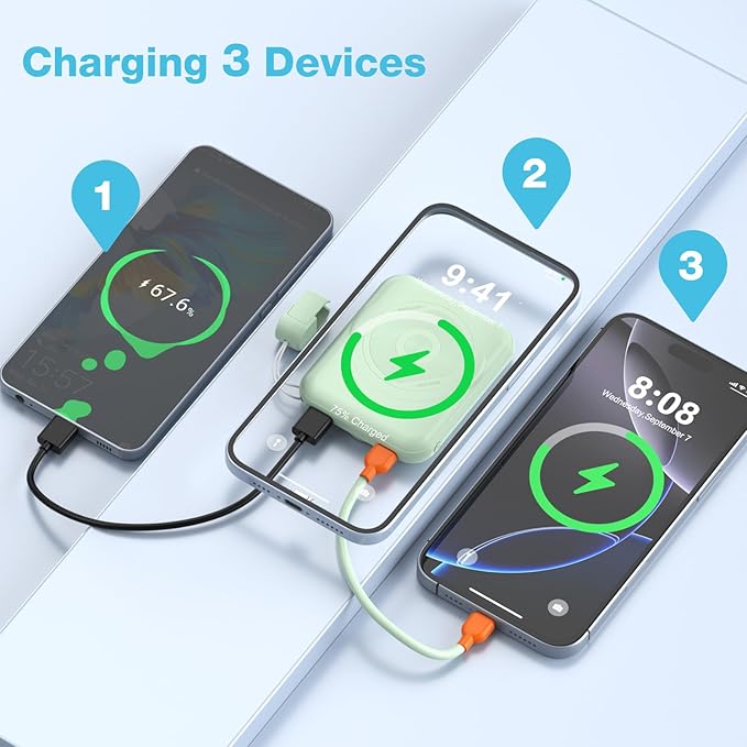 Small Magnetic Power Bank,5000mAh Mag-safe Battery Pack with 20W Fast Charging Detachable USB C&iOS cable,with LED Display,Slim Wireless Portable Charger for iPhone16/15/14/13/12 Series (Green)