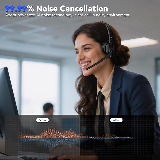 LEVN Wireless Headset with Mic for Work, Bluetooth Headset with Microphone-AI Noise Cancelling, Single-Ear Wireless Headphones with Mic & USB Dongle for PC/Computer/Call Center/Laptop/Teams/Zoom/Home