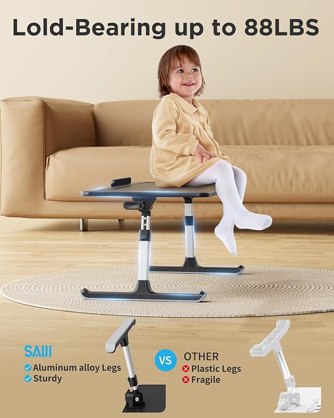 SAIJI Leather Laptop Bed Tray Table, Adjustable Laptop Stand with Removable Stopper, Portable Lap Desks with Foldable Legs, Notebook Stand Breakfast Reading Desk for Sofa Couch((Medium, Black)