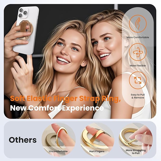 (2025 Newest) 4-in-1 Magnetic Phone Grip Stand for MagSafe with Finger Strap Loop,Removable Ring Holder for iPhone 17 Pro Max 16 15 14 13 12,Kickstand for Hands-Free View at Home Work Travel,Rose Gold