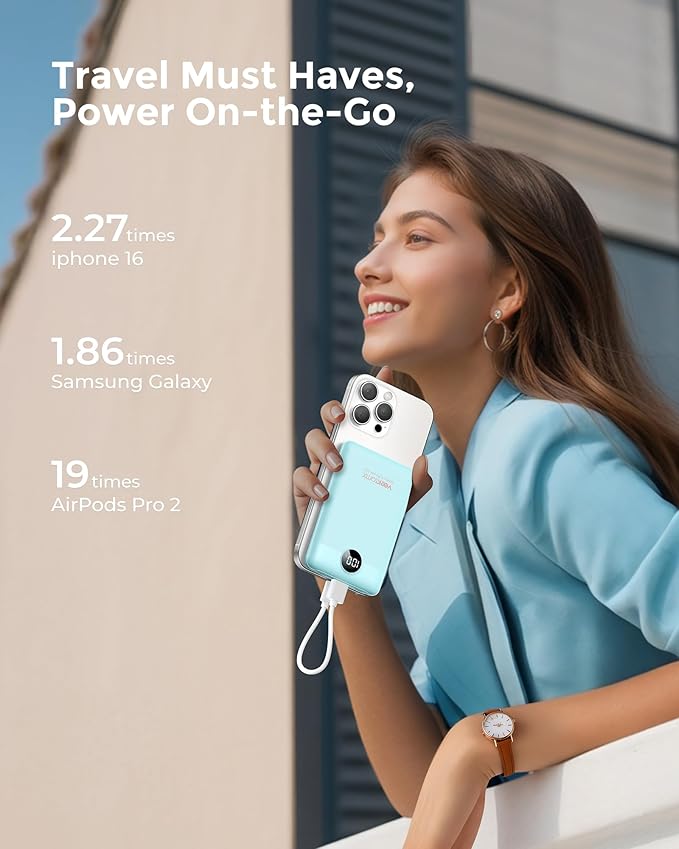 VEEKTOMX Small Portable Charger 10000mAh, Mini Power Bank 22.5W Fast Charging, Slim & Lightweight Travel Essentials, 3-Output External USB C Battery Pack Compatible with iPhone 17 16 15 (Cyan)