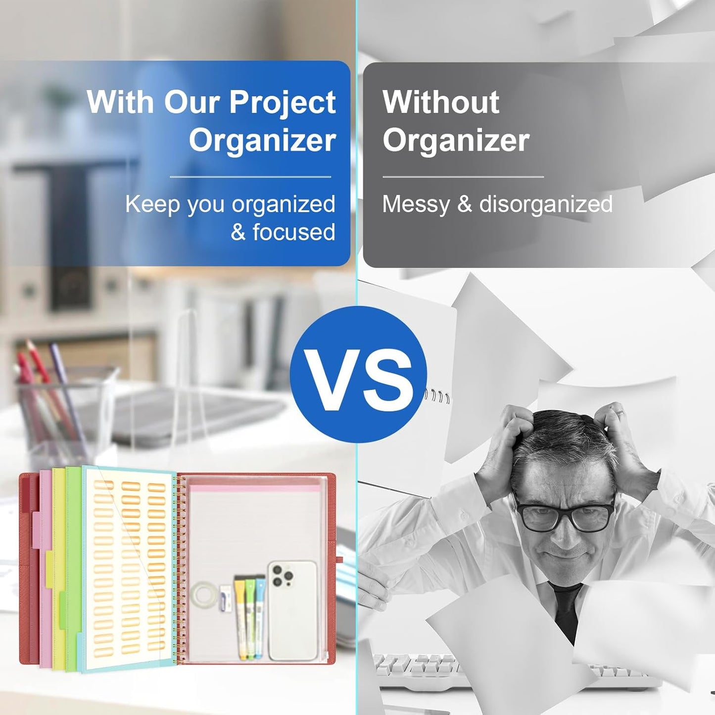 Ospelelf Red Foldable Spiral Clipboard Folio with Storage Zipper Pouch, 5 Plastic Folders with 10 Pockets, Refillable Lined Notepad (11" x 8.5"), Linen Hardcover Project Organizer