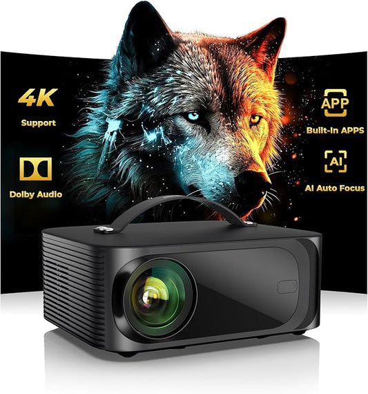 [1200 ANSI/Auto Focus/Built-in APPs] Outdoor-Projector-4K with Wifi6 and Bluetooth, Smart TV OS & DoIby, Portable Projector with Netflix/YouTube/PrimeVideo, ONOAYO 1080P Proyector with 300 ''Display