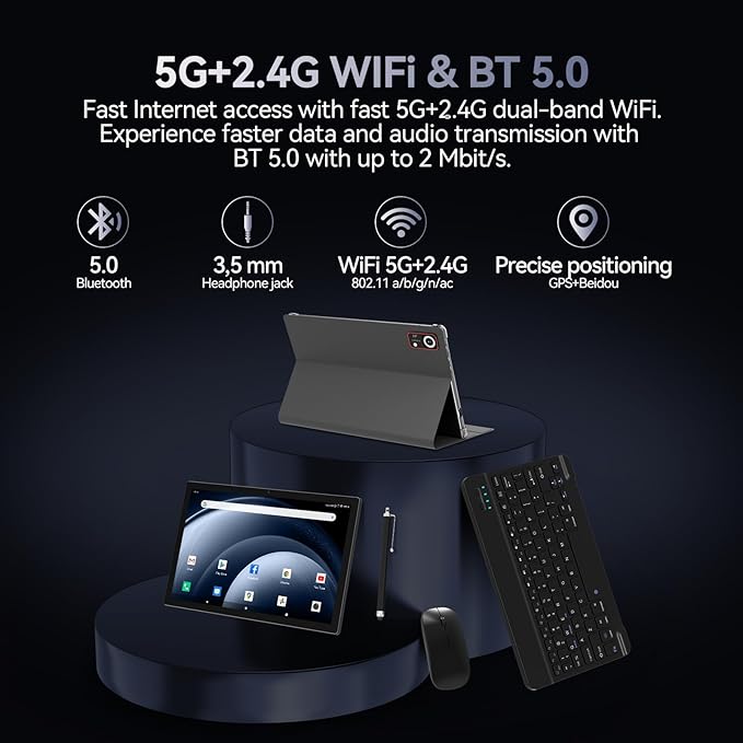 ANTEMPER Android Tablets 10 Inch, 5G WiFi Tablet Mit 8GB RAM+128GB ROM(1TB TF),2 in 1 Tablet with Keyboard Mouse Pen-Octa-Core2.0Ghz | 6000mAh | 1080FHD | 13MP Camera | WLAN GPS OTG Typ-c-Black