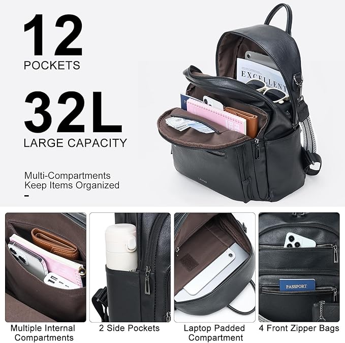 Backpack Purse for Women Laptop Backpack, Leather Travel Backpack Shoulder Bag Teacher College Daypack Work Handbag fits 14" Laptop-Black