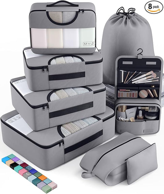 Veken 8 Set Packing Cubes for Travel Essentials, Suitcase Organizer Bags in 4 Sizes, Carry-On Luggage Accessories with Large Laundry & Hanging Toiletry Bag, Must-Have for Airplane, Road Trip & Camping